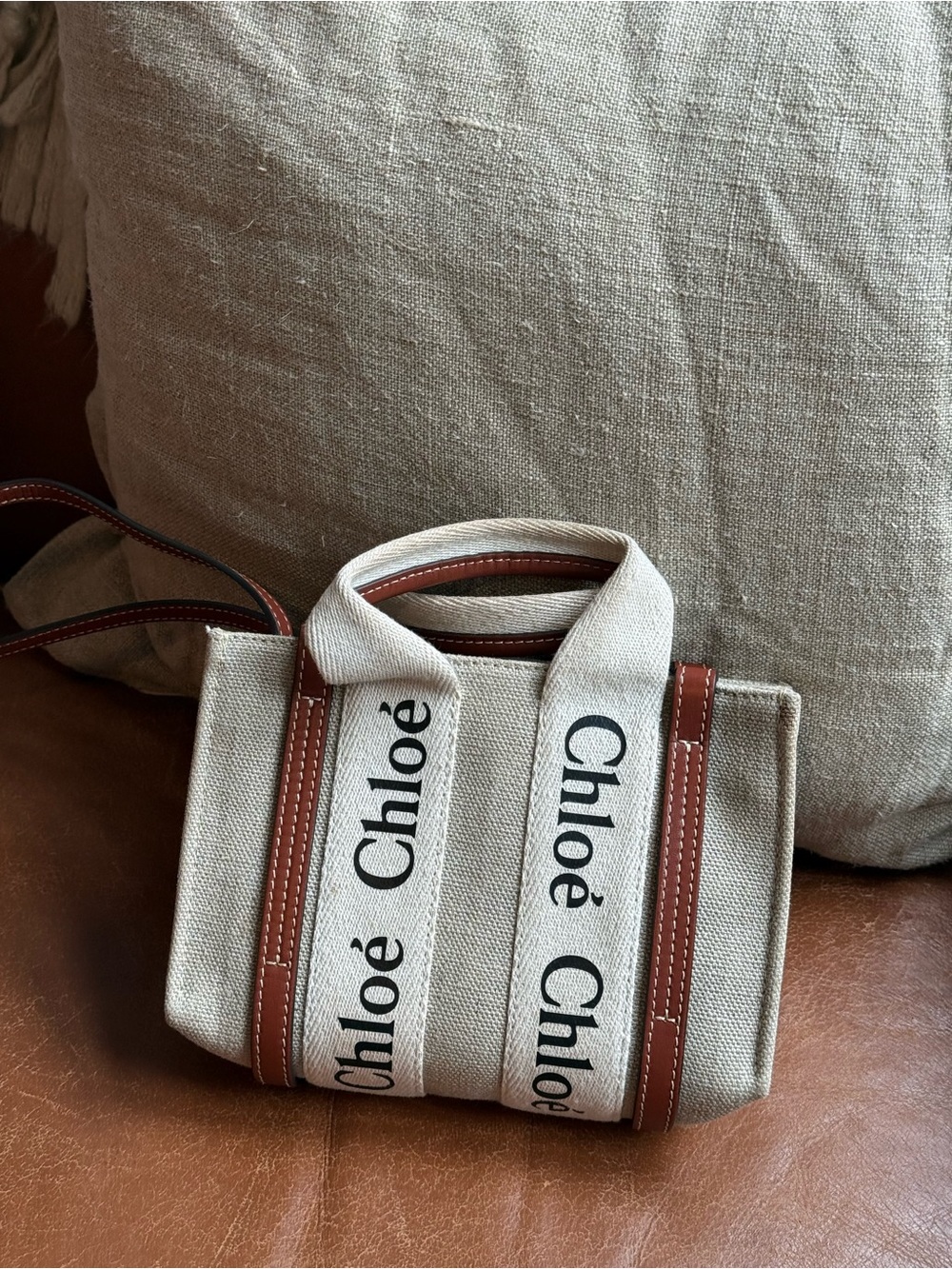 Chloé Beige Canvas and Brown Leather Trim Mini Tote